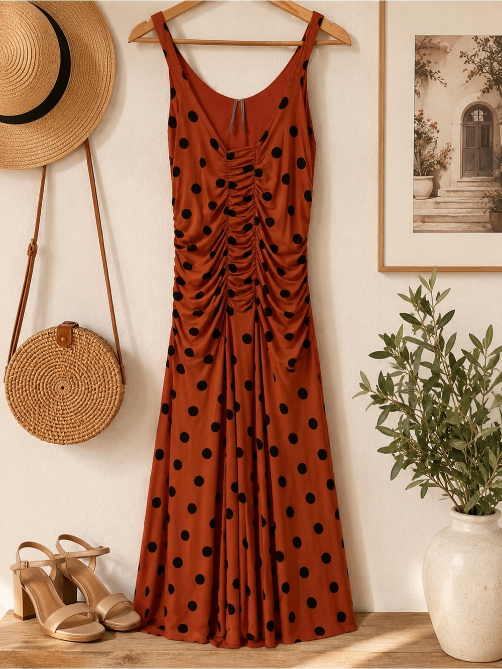 Anthropologie ruched polka dot midi /rust brown & black /small